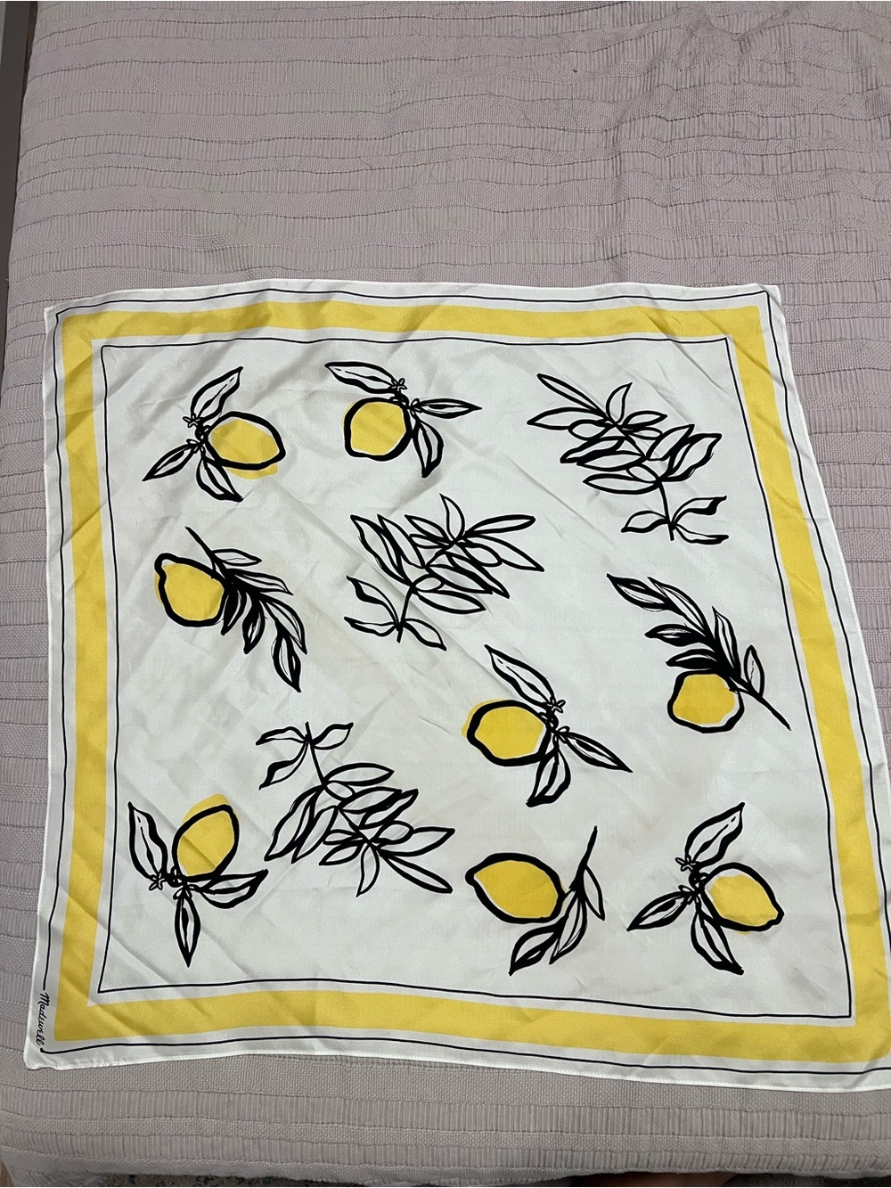 Madewell Yellow Black White Lemon Print Silk Square Scarf